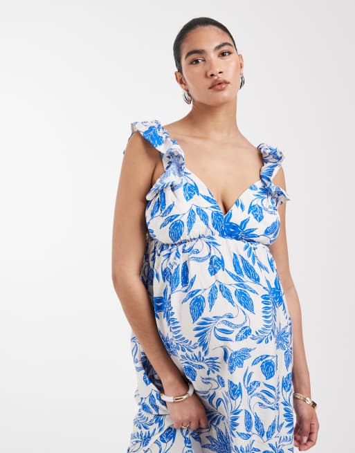 Vero Moda Maternity ruffle shoulder v neck maxi dress in blue floral print, 3 of 4