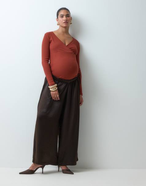 Vero Moda Maternity satin wide leg trouser in chocolate brown - view 1