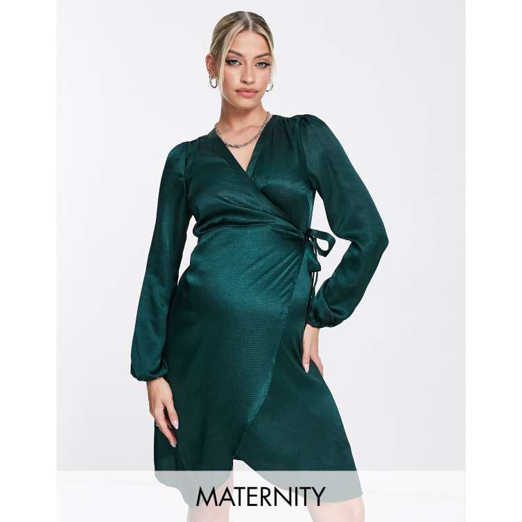 Vero Moda Maternity satin wrap mini dress in deep green | ASOS