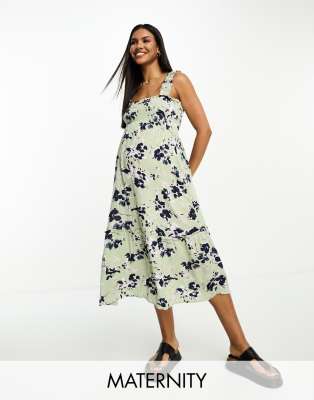 Vero Moda Maternity Shirred Cami Midi Dress In Floral Print-green