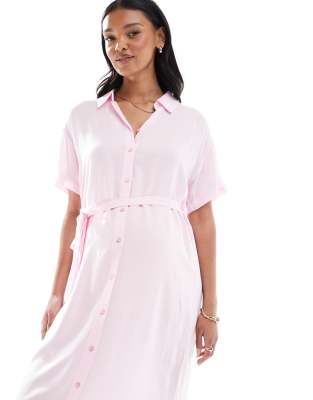 Shop Vero Moda Maternity Shirt Midi Dress With Tie Belt In Pink