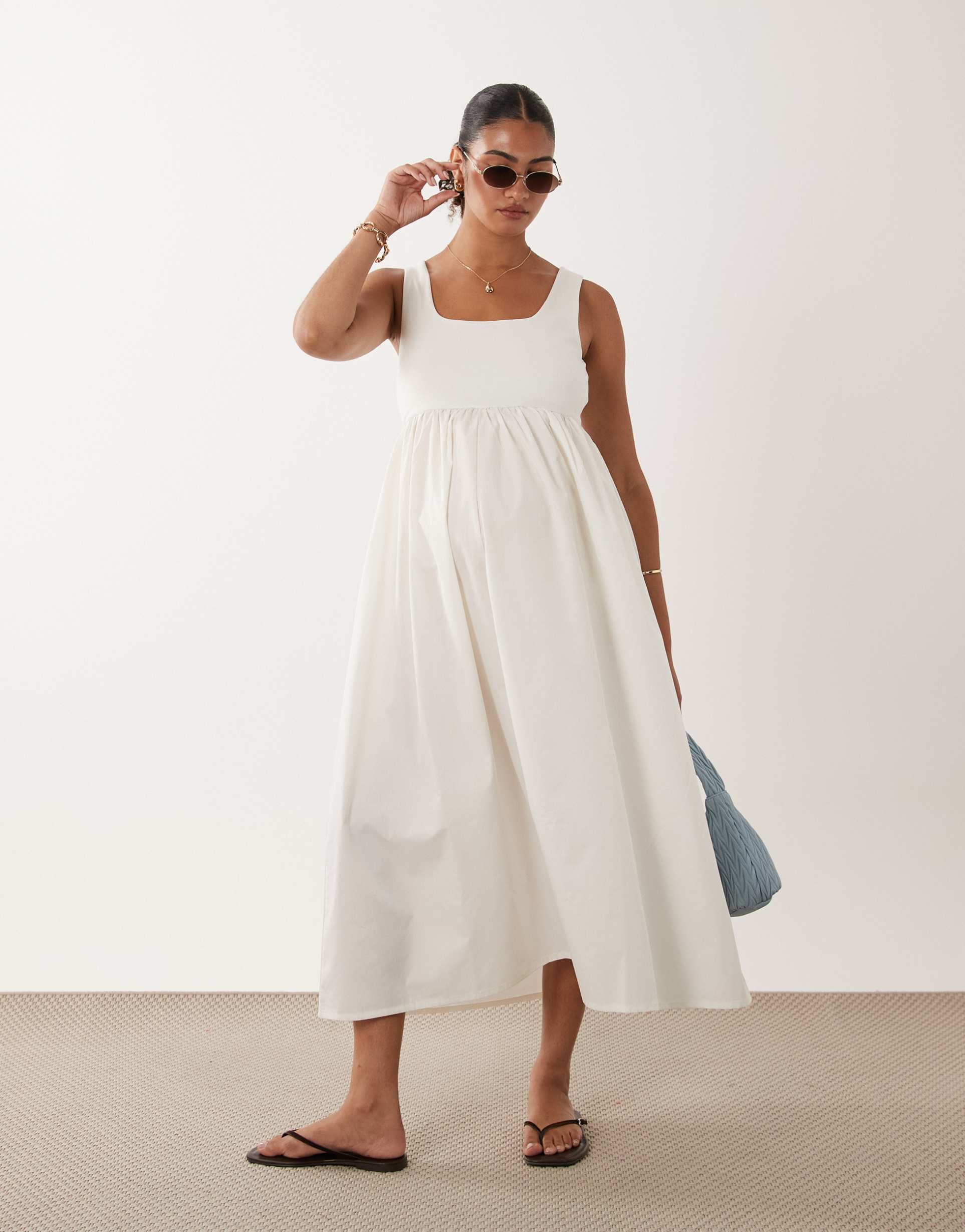 vero moda maternity sleeveless midi dress with woven skirt in white