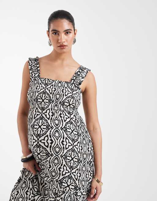 Vero Moda Maternity sleeveless shirred bodice tiered midi dress in black tile print, 3 of 4