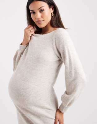 Vero Moda Maternity soft knit balloon sleeve midi dress in cream-White