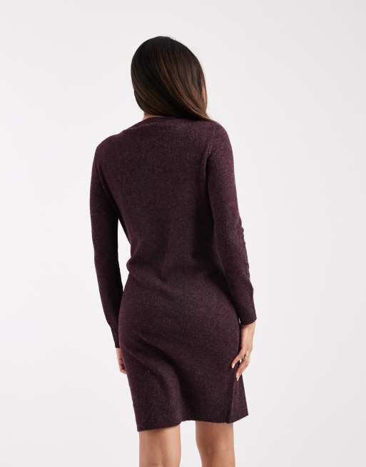 Vero Moda Maternity soft knit crew neck mini dress in burgundy melange, 4 of 4