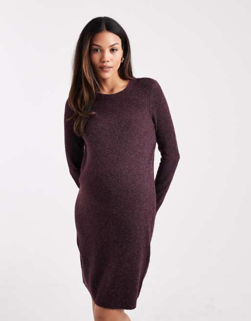 Vero Moda Maternity soft knit crew neck mini dress in heathered burgundy, 3 of 4