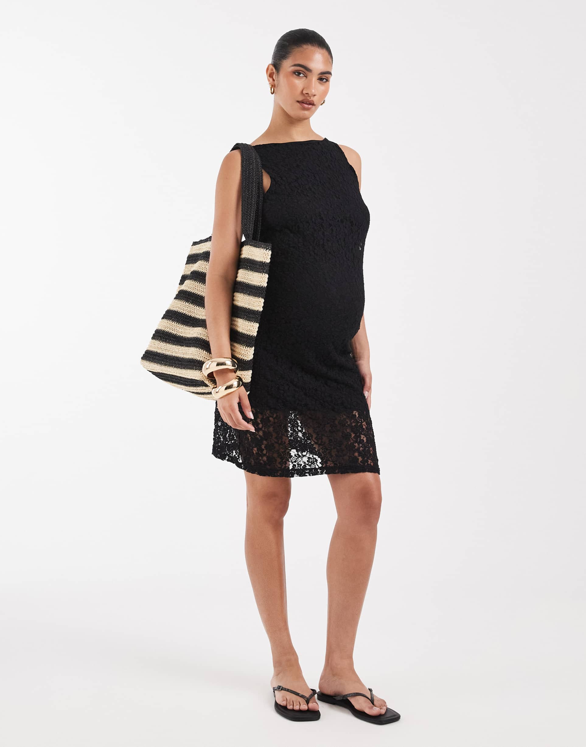 vero moda maternity stretch floral lace sleeveless slash neck mini dress in black