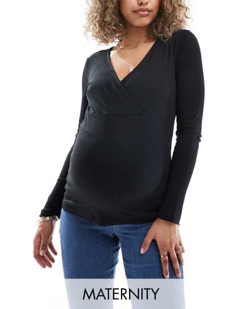 Vero Moda Maternity – Svart, ribbad topp med långa ärmar och 2 funktioner, del av set - view 1