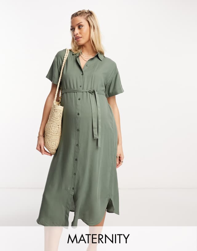 Vero Moda Maternity t-shirt midi dress with tie belt in green