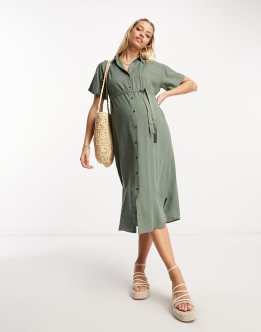 Vero Moda Maternity t-shirt midi dress with tie belt in green, 4 of 4