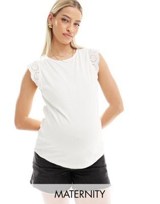 Vero Moda Maternity t-shirt with broderie sleeve detail in white