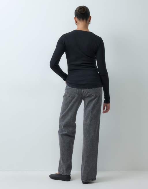 Vero Moda Maternity Tessa jeans med brede ben, bindebånd i taljen og taljekant over maven i mellemgrå denim, 5 af 5