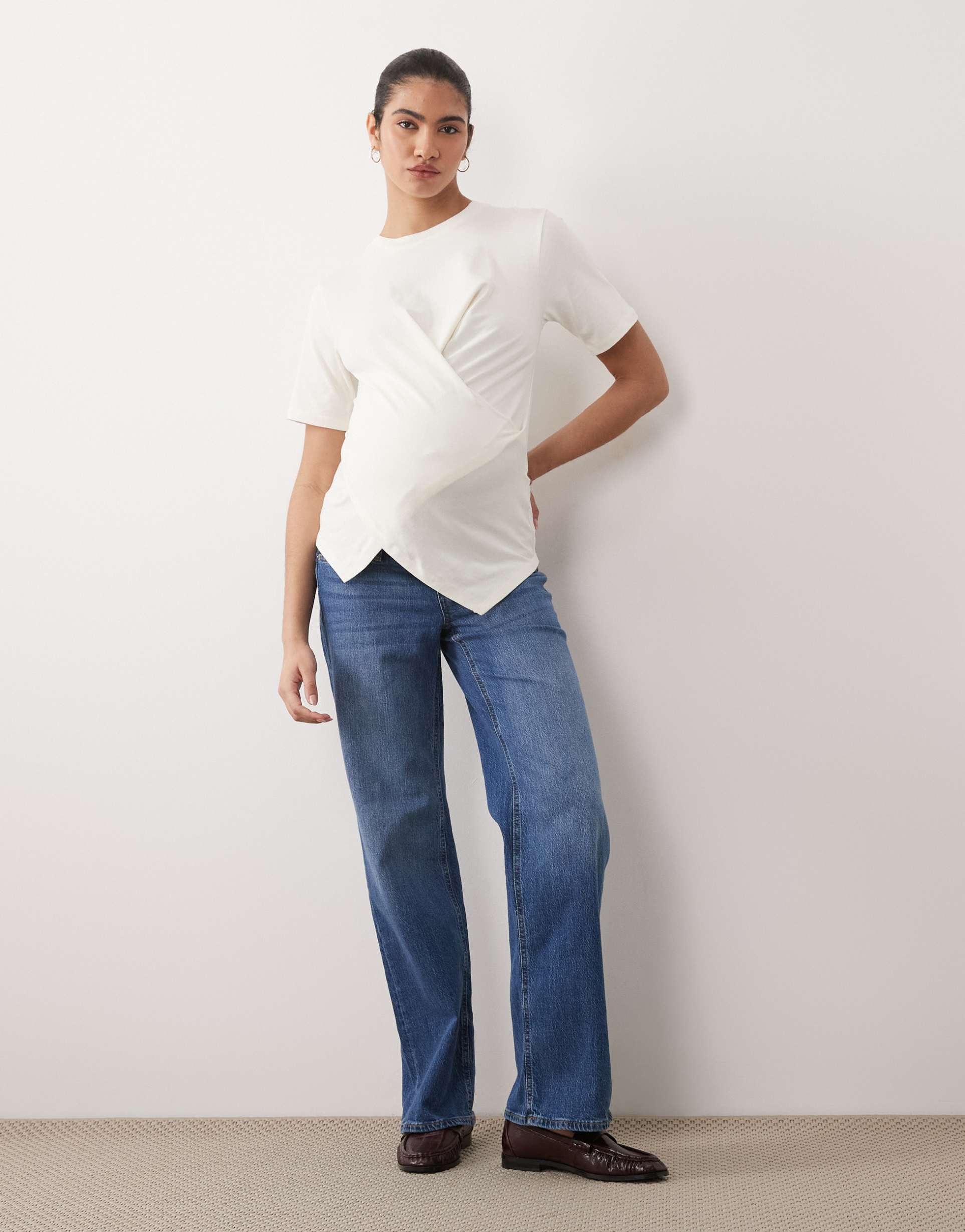 vero moda maternity tessa wide leg jeans in medium blue wash