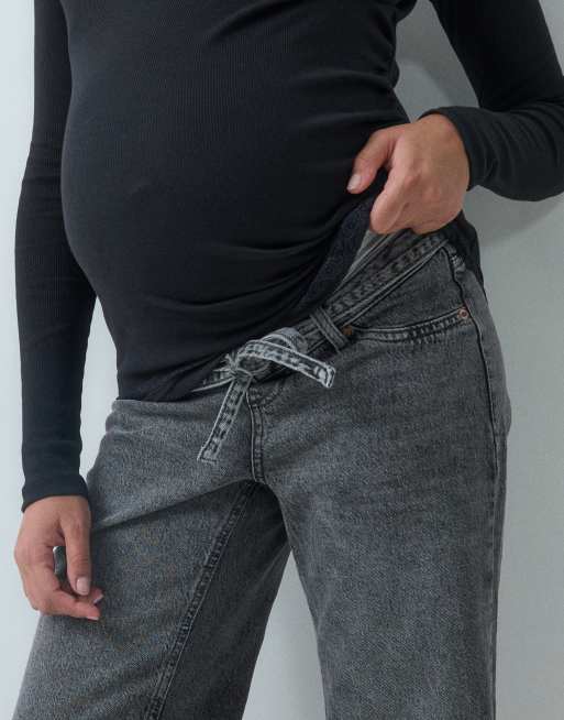 Vero Moda Maternity Tessa wide leg tie waist jeans with overbump band in medium gray denim, 3 of 5