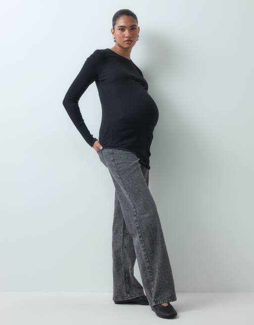 Vero Moda Maternity Tessa wide leg tie waist jeans with overbump band in medium gray denim, 4 of 5