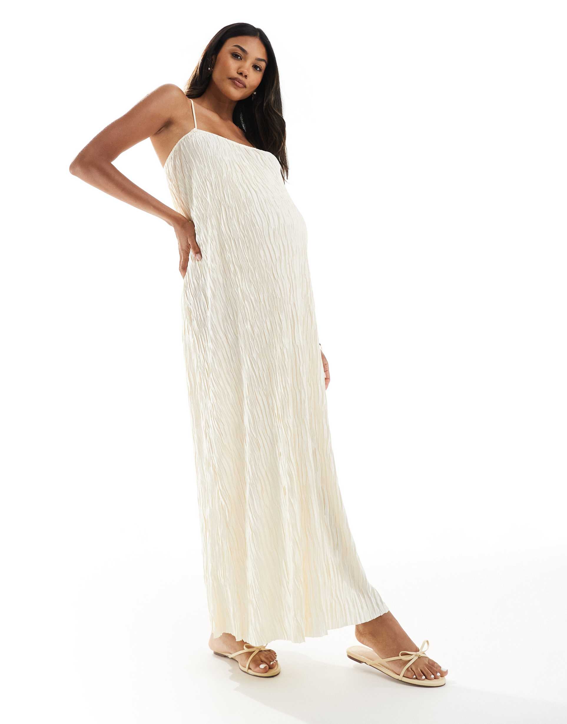 vero moda maternity textured plisse cami maxi dress in birch cream