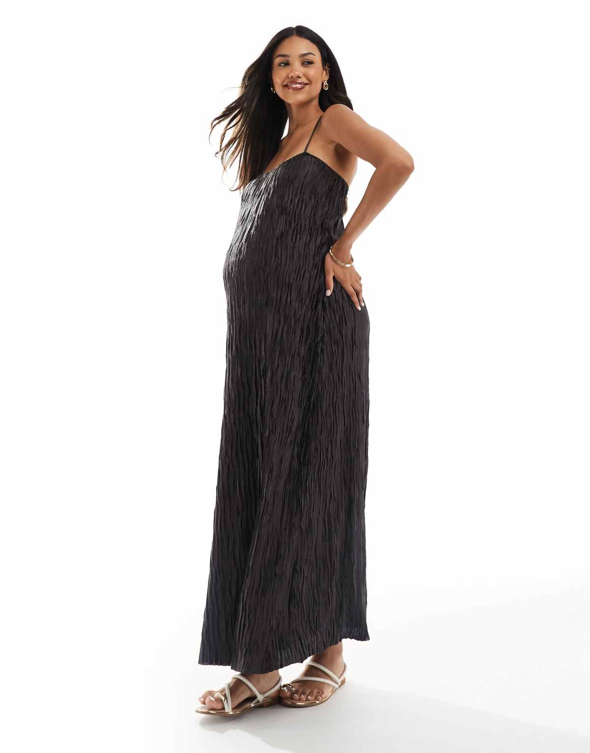 Vero Moda Maternity textured plisse cami maxi dress in chocolate