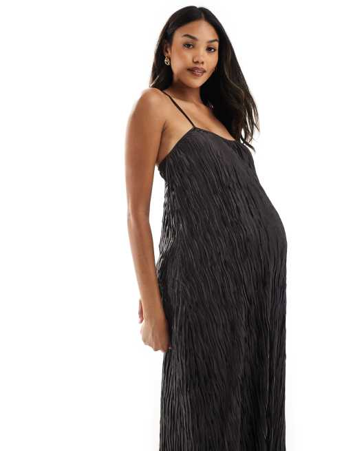 Vero Moda Maternity textured plisse cami maxi dress in chocolate, 2 of 4