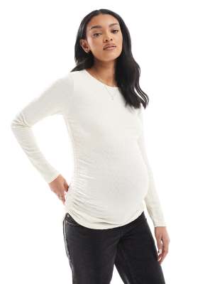 textured ruched long sleeve top in cream-White