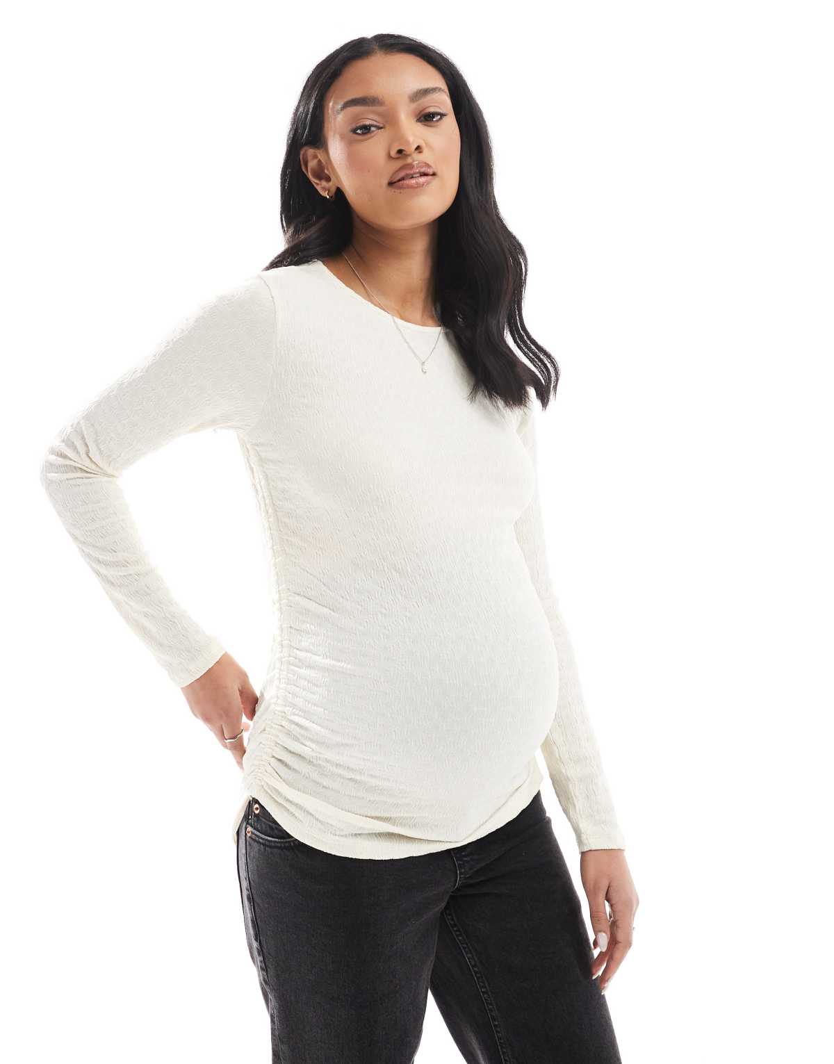 Vero Moda Maternity textured ruched long sleeve top in cream