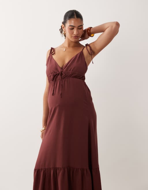 Vero Moda Maternity tie shoulder cami midi tiered dress in andorra red, 3 of 4