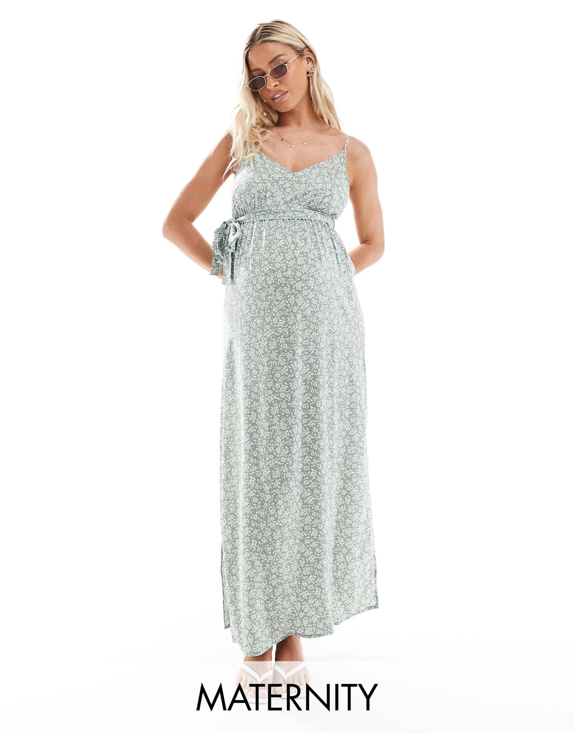 vero moda maternity v neck maxi dress with tie waist in sage green floral