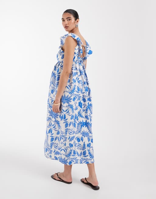 Vero Moda Maternity - Vestito lungo con volant sulle spalle e scollo a V blu a fiori, 4 di 4