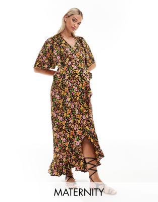 wrap front maxi dress in dark floral print-Multi