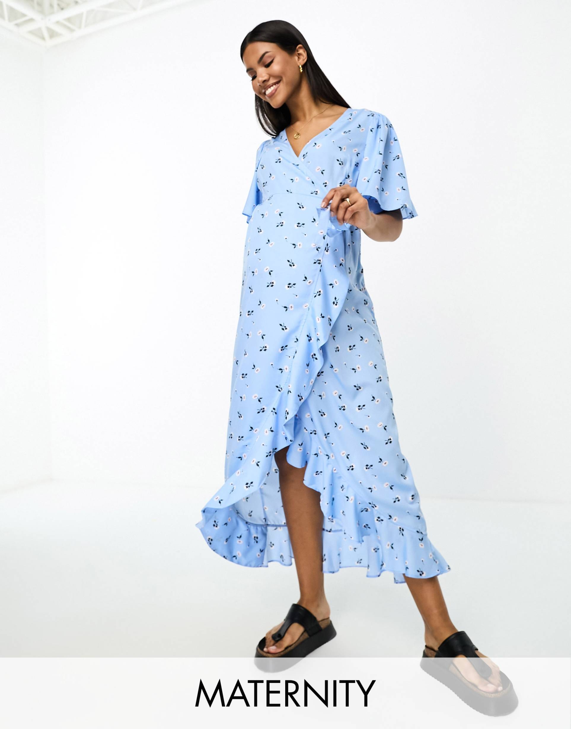 vero moda maternity wrap front maxi tea dress in blue floral