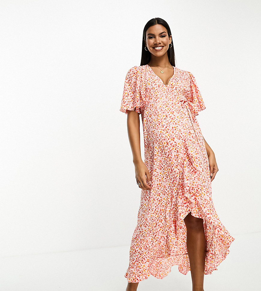 wrap front maxi tea dress in ditsy floral-Pink