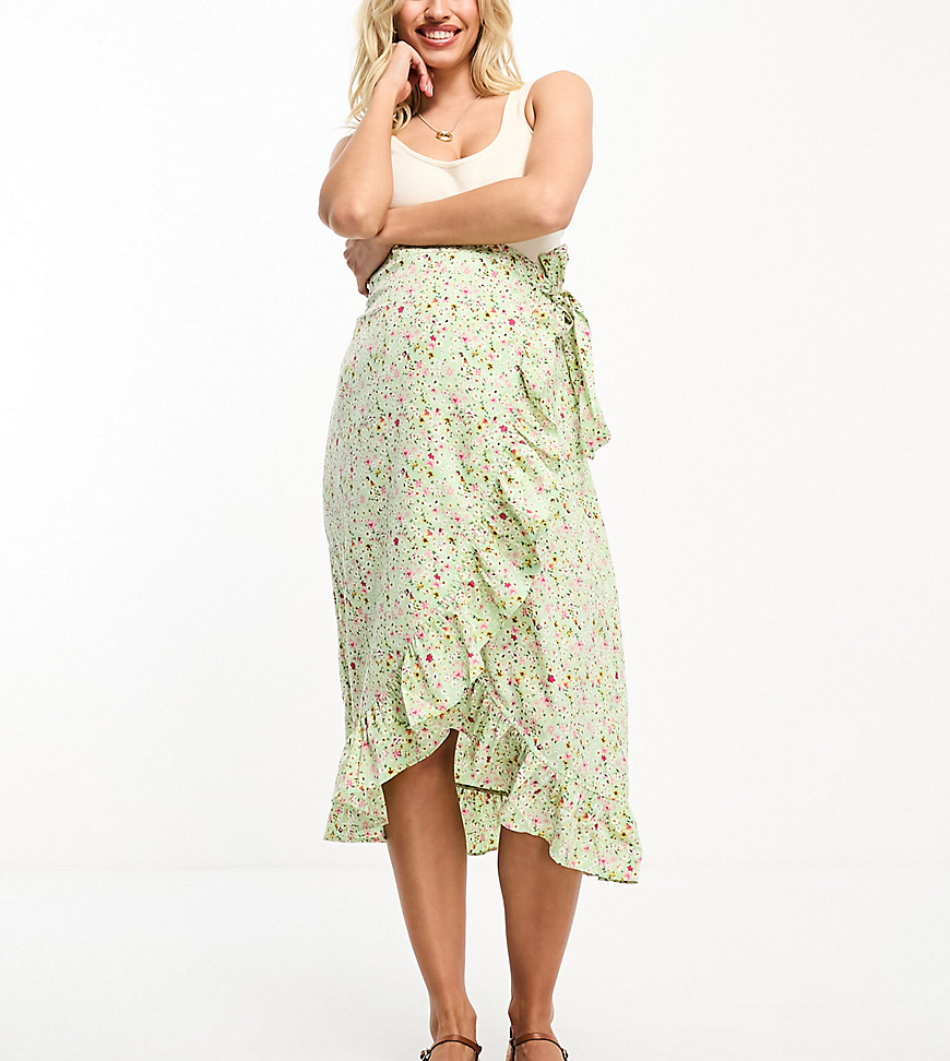 Vero Moda Maternity wrap front midi skirt in green florals