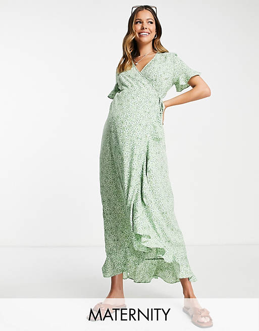 Vero Moda Maternity wrap front midi tea dress in green floral