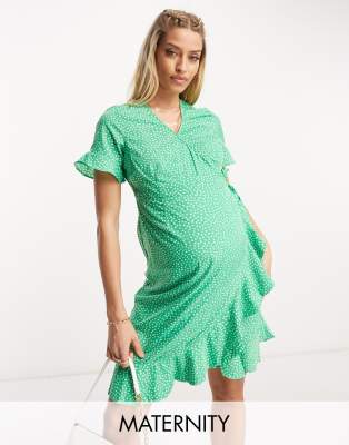 ASOS DESIGN Maternity satin stripe wrap neck mini dress with blouson  sleeves in green