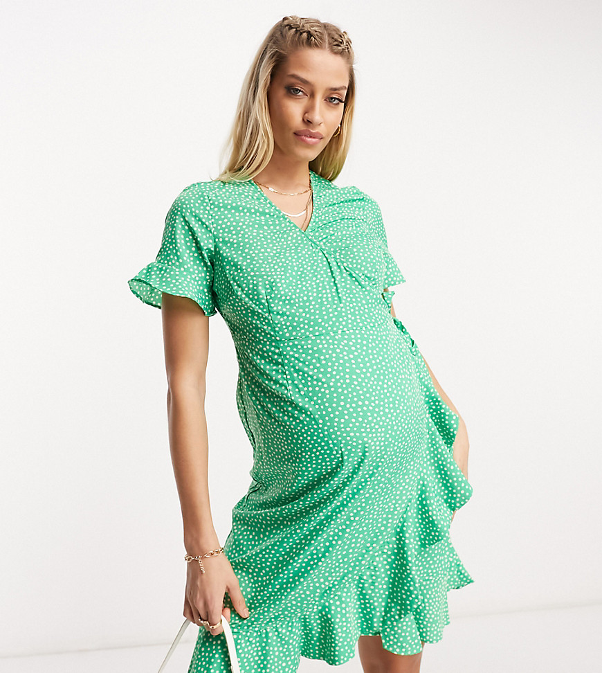 wrap mini dress in bright green spot print