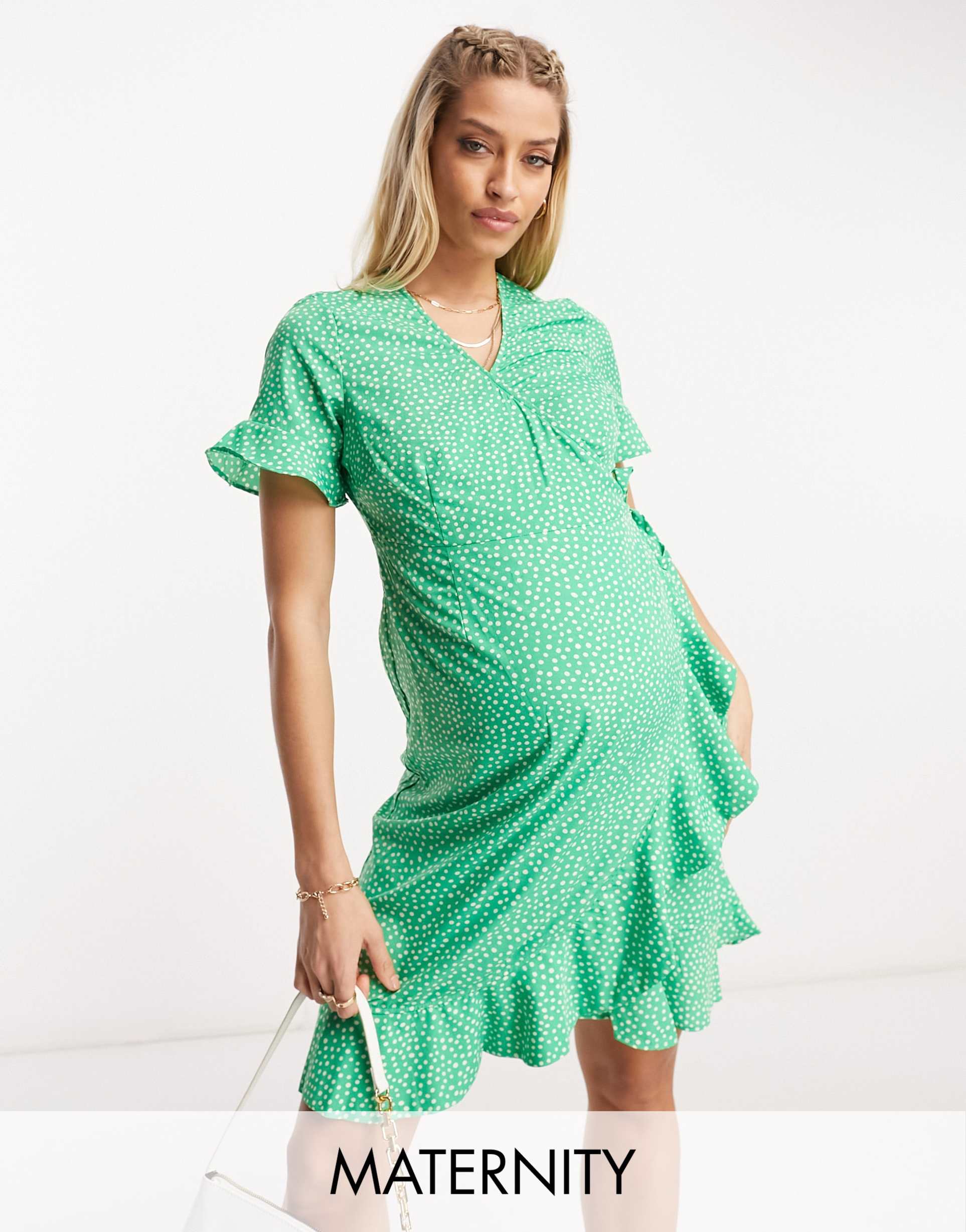 vero moda maternity wrap mini dress in bright green spot print