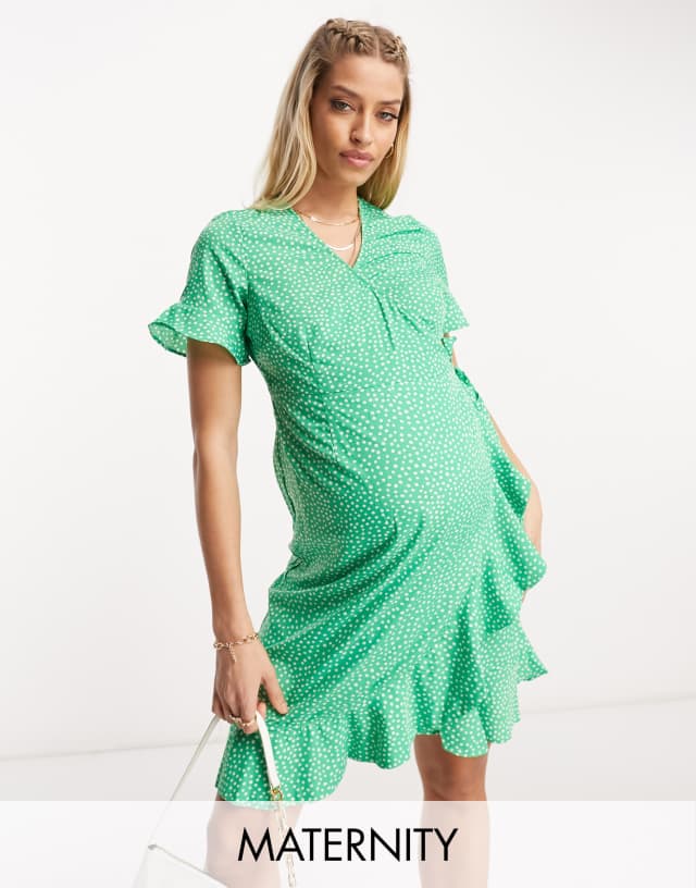 Vero Moda Maternity - wrap mini dress in bright green spot print