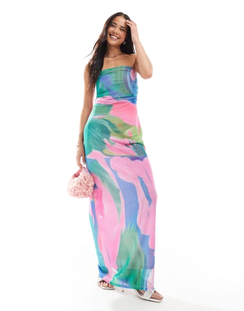 Vero Moda - Maxi bandeau jurk met abstracte print in roze en blauw - view 1
