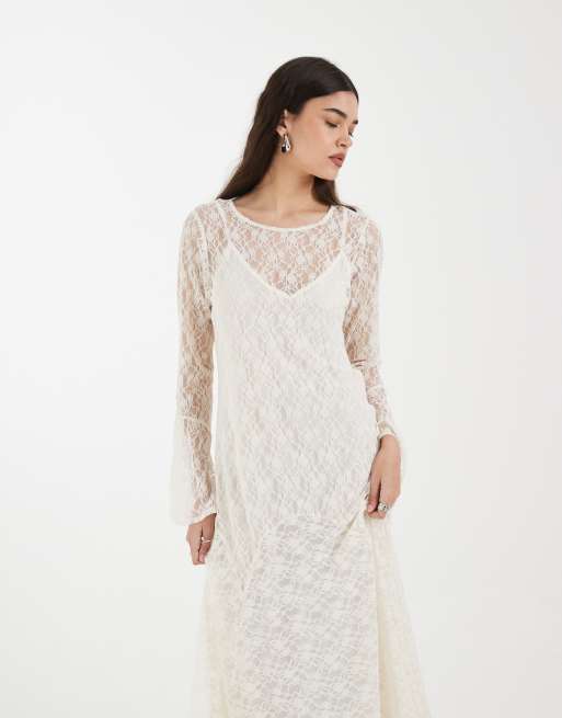 Vero Moda - Maxi boho-jurk van kant met bloemenprint en rok met godetplooien in crème, 2 van 4