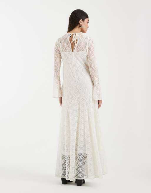 Vero Moda - Maxi boho-jurk van kant met bloemenprint en rok met godetplooien in crème, 4 van 4