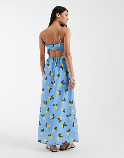 Vero Moda - Maxi jurk met halternek en citroenenprint in blauw, 4 van 4