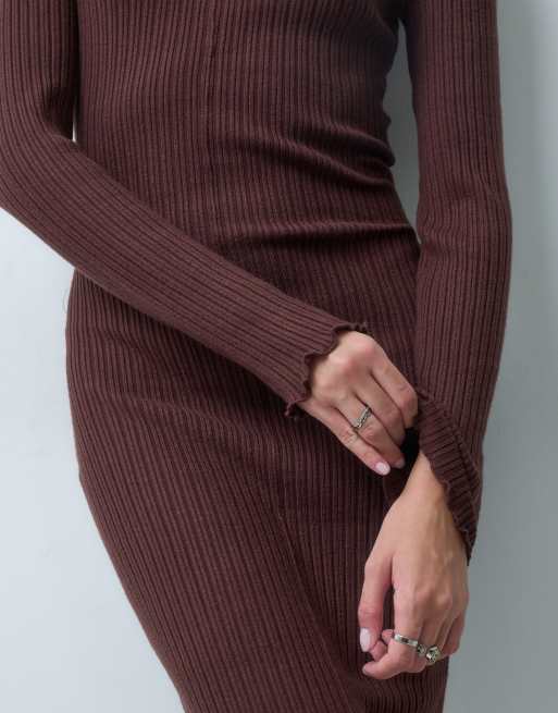 Vero Moda maxi jurk met lange mouwen en ribgebreid in donkerbruin, 2 van 4
