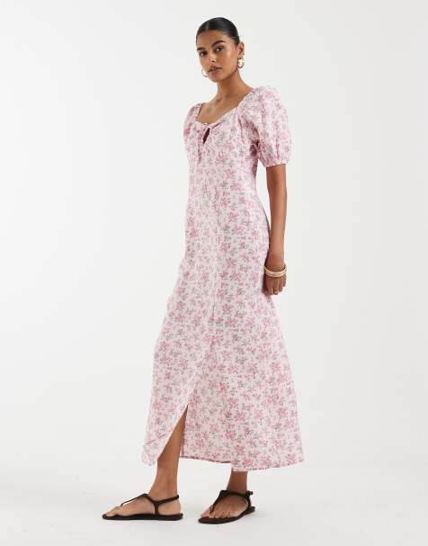 Vero Moda - Maxi jurk met pofmouwen en gestrikte voorkant in roze met bloemenprint - view 1