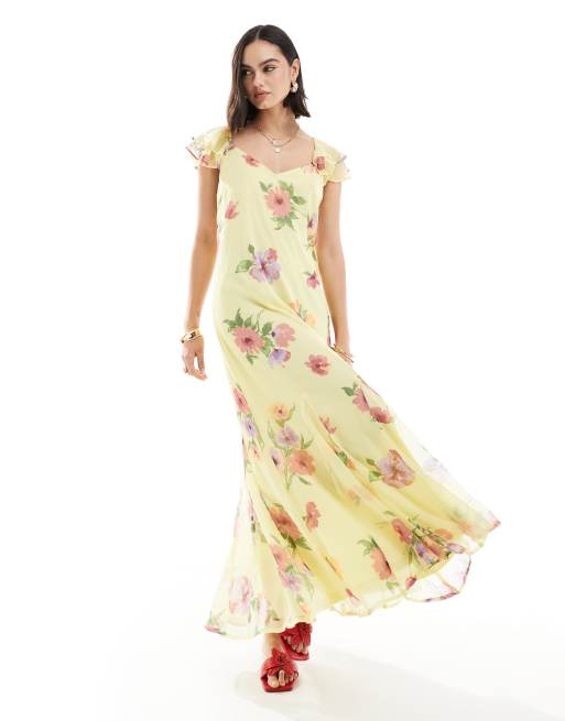 Vero Moda - Maxi jurk met ruches aan de mouwen in citroengeel met bloemenprint