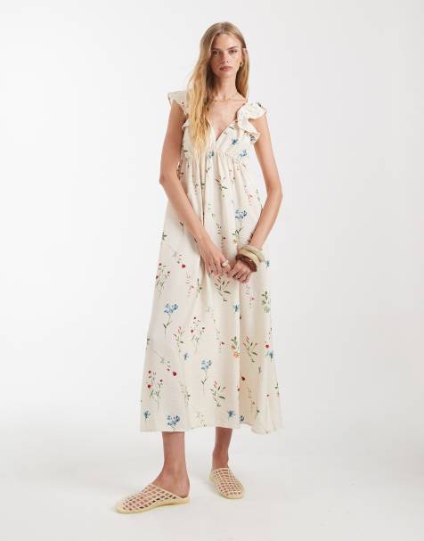 Vero Moda - Maxi jurk met ruches, V-hals en bloemenprint in crème - view 1