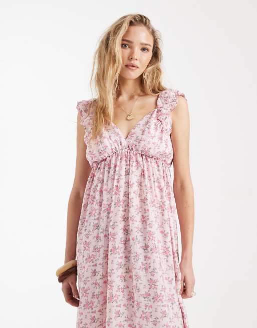 Vero Moda - Maxi jurk met ruches, V-hals en bloemenprint in roze, 3 van 4