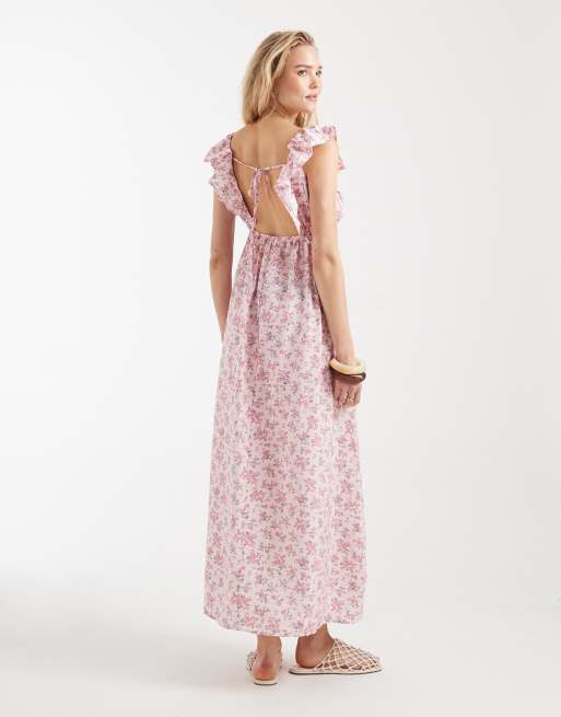 Vero Moda - Maxi jurk met ruches, V-hals en bloemenprint in roze, 4 van 4