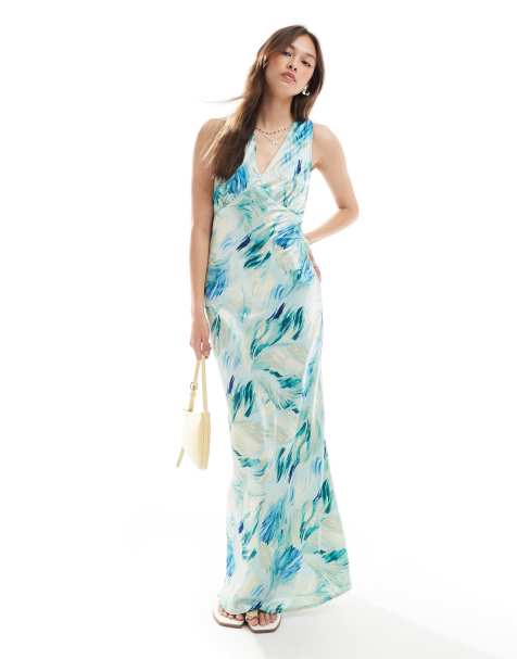 Vero Moda - Maxi jurk met V-hals en open achterkant in abstracte blauwe print - view 1
