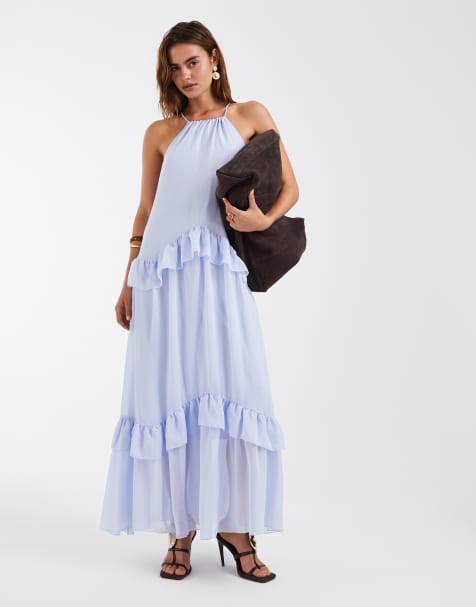 Vero Moda - Maxi jurk van chiffon met halternek en ruches langs de randen in lavendelblauw - view 1