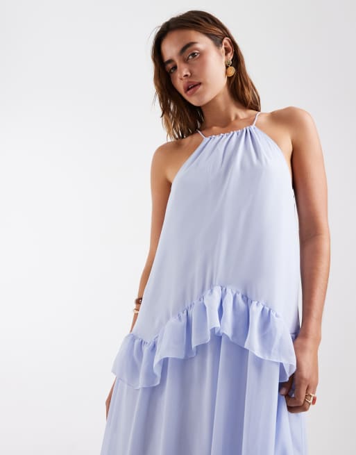Vero Moda - Maxi jurk van chiffon met halternek en ruches langs de randen in lavendelblauw, 2 van 4