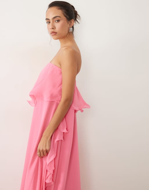Vero Moda maxi-jurk van chiffon met rucherand in felroze, 3 van 4